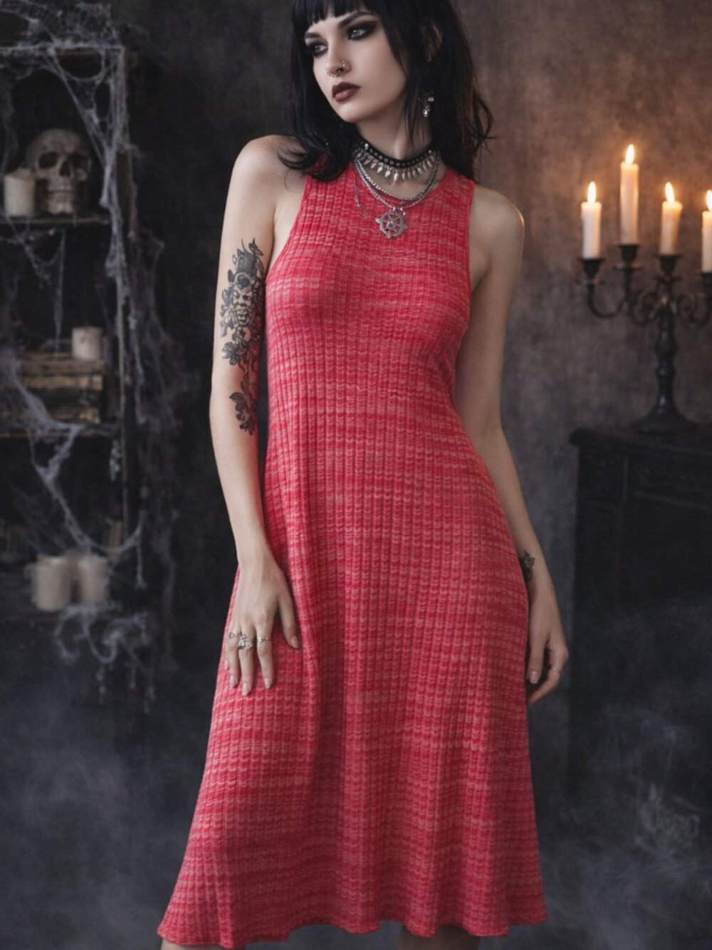 Zara NWT Pink Red Ribbed Sleeveless Midi Dress Size M